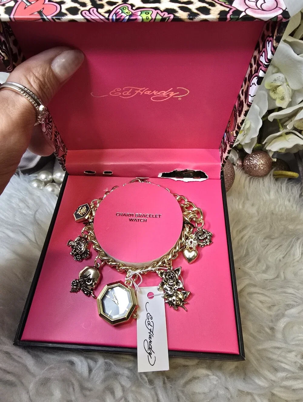 Ed Hardy Lobster closure, Gold tone bracelet, octagon shaped watch new